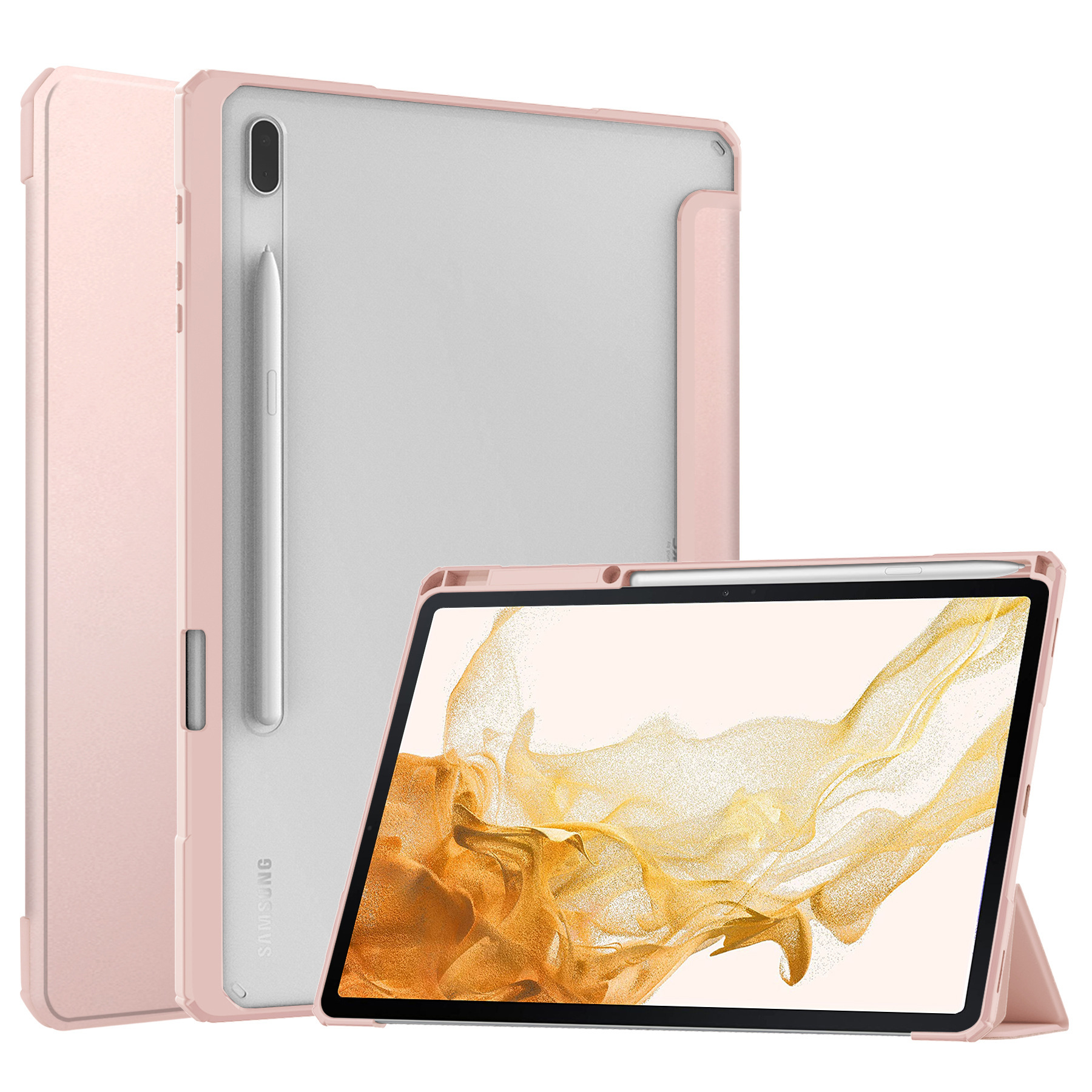 12.4" Tri-Fold Case with Pen Holder Magnetic Cover Clear Acrylic Protective Shell for Samsung Galaxy Tab S7 plus / T970/ T975