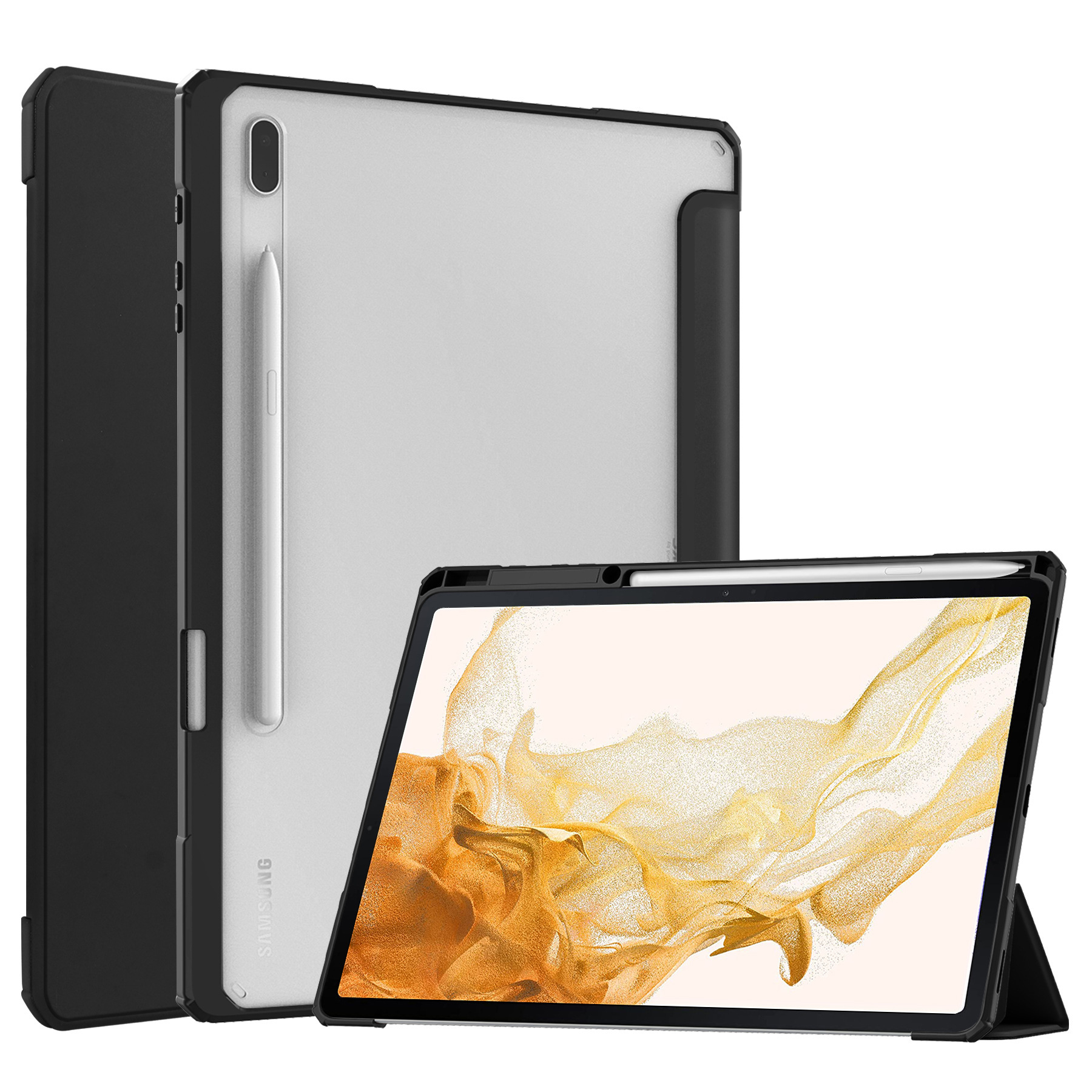 12.4" Tri-Fold Case with Pen Holder Magnetic Cover Clear Acrylic Protective Shell for Samsung Galaxy Tab S7 plus / T970/ T975 - Image 9